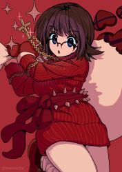 Rule 34 | 1girl, :o, black-framed eyewear, blue eyes, chain, chain necklace, christmas, commentary, cross, cross necklace, dress, glasses, heart, highres, holding, holding sack, hunter x hunter, jewelry, leggings, masaartjv, medium hair, mittens, necklace, purple hair, red background, red footwear, red mittens, red sweater, sack, semi-rimless eyewear, shizuku murasaki, simple background, solo, sparkle, spiked belt, sweater, sweater dress, symbol-only commentary, twitter username, white leggings