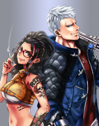 Rule 34 | 1boy, 1girl, arm tattoo, back-to-back, black hair, black nails, blue eyes, blue jacket, breasts, capcom, cigarette, commentary request, crop top, devil may cry (series), devil may cry 5, finger tattoo, freckles, grey background, gun, handgun, height difference, holding, holding gun, holding weapon, jacket, jewelry, lips, long hair, manly, mechanical arms, medium breasts, midriff, multicolored hair, nagare, nail polish, navel, nero (devil may cry), nico (devil may cry), nose, pendant, red-framed eyewear, shoulder tattoo, silver hair, single mechanical arm, smoking, streaked hair, tattoo, weapon
