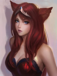 Rule 34 | 1girl, animal ears, warrior of light (ff14), bare shoulders, blue eyes, bustier, cat ears, chaosringen, circlet, commission, final fantasy, final fantasy xiv, highres, lips, long hair, looking at viewer, miqo&#039;te, parted lips, purple background, red hair, simple background, solo, strapless, upper body
