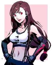 Rule 34 | 1girl, breasts, brown hair, datcravat, earrings, final fantasy, final fantasy vii, gloves, hands on own hips, highres, jewelry, long hair, looking at viewer, midriff, navel, open mouth, ponytail, red eyes, skirt, smile, solo, square enix, standing, suspenders, tifa lockhart, tomboy, upper body