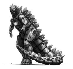 Rule 34 | claws, commentary, cyberpunk, cyborg, eatalllot, english commentary, full body, giant, glowing, glowing eyes, godzilla (series), greyscale, highres, machine, machinery, mecha, mechagodzilla, mechanical, mechanical arms, mechanization, monochrome, realistic, robot, science fiction, single mechanical arm, size comparison, size difference, super robot, tagme, tail, tokusatsu, weapon, white background