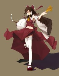 Rule 34 | 1girl, absurdres, bad anatomy, bow, brown hair, detached sleeves, female focus, full body, gohei, hair bow, hakurei reimu, highres, japanese clothes, long hair, looking at viewer, mary janes, midriff, miko, navel, ofuda, red eyes, shadow, shoes, simple background, skirt, solo, standing, standing on one leg, thighhighs, touhou, white thighhighs, wide sleeves, yammy (artist), yammy (cellblo)