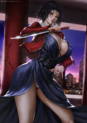 Rule 34 | 1girl, absurdres, black hair, blue eyes, blue kimono, breasts, city lights, highres, jacket, japanese clothes, kara no kyoukai, kimono, knife, large breasts, lexaiduer, long sleeves, looking at viewer, non-web source, open clothes, open jacket, outdoors, red jacket, ryougi shiki, short sleeves, solo, thick thighs, thighs