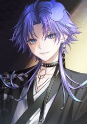 Rule 34 | 1boy, absurdres, black background, black collar, black jacket, blue eyes, blue hair, collar, earrings, hanaco (hanaco 1230), haori, highres, hitodama, holostars, jacket, japanese clothes, jewelry, kimono, long hair, looking at viewer, male focus, minase rio, multicolored hair, necklace, o-ring, official alternate costume, parted bangs, purple hair, smile, solo, streaked hair, upper body, virtual youtuber, white kimono, yellow background