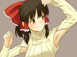 Rule 34 | 1girl, alternate costume, arm up, armpit cutout, armpits, bad id, bad pixiv id, black hair, blush, bow, brown eyes, brown hair, clenched hands, clothing cutout, colored eyelashes, frills, frown, grey background, hair bow, hair tubes, hakurei reimu, long sleeves, looking to the side, meme, meme attire, open-chest sweater, orange eyes, parody, ponytail, ribbed sweater, shiratama (hockey), short hair, short ponytail, sidelocks, simple background, solo, sweater, touhou, turtleneck, upper body