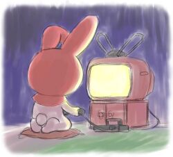 Rule 34 | 1girl, animal ears, controller, crt, game console, heika (heikahp), holding, holding controller, my melody, onegai my melody, pillow, playing games, rabbit, rabbit ears, sanrio, solo, television, video game