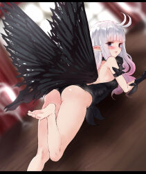 Rule 34 | 1girl, :p, anne (bravely second), antenna hair, ass, backless leotard, barefoot, black gloves, black leotard, black wings, blue eyes, blush, bravely default (series), bravely second: end layer, breasts, butterfly wings, commission, commissioner upload, fairy, fairy wings, feet, from behind, gloves, gulp5959, hand to own mouth, highres, insect wings, kneepits, leg up, legs, leotard, long hair, looking at viewer, looking back, lying, naughty face, on stomach, pointy ears, skeb commission, small breasts, smile, soles, solo, thighs, toes, tongue, tongue out, white hair, wings