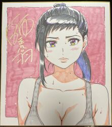 Rule 34 | 1girl, black hair, blue eyes, blush, breasts, character request, colored inner hair, colorized, highres, large breasts, lips, lipstick, long hair, looking at viewer, makeup, multicolored hair, ponytail, shikishi, shiwasu no okina, sideboob, signed, simple background, tagme, tank top