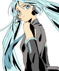 Rule 34 | 1girl, arms behind back, bare shoulders, blue eyes, blue hair, cowboy shot, detached sleeves, expressionless, eyelashes, graphite (medium), grey shirt, hatsune miku, long hair, looking back, necktie, shirt, simple background, sleeveless, sleeveless shirt, solo, solo focus, tamura satomi, traditional media, twintails, upper body, very long hair, vocaloid, white background