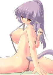 Rule 34 | 1girl, animal ears, ass, belt, blush, breasts, brown eyes, cat ears, cat tail, cleft of venus, covered erect nipples, grey hair, huge breasts, kourourin, long hair, looking back, original, purple hair, pussy, see-through, slingshot swimsuit, solo, spread legs, swimsuit, tail, uncensored