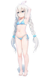 Rule 34 | 1girl, absurdres, armpits, arms up, barefoot, bikini, braid, breasts, full body, grey eyes, hair bobbles, hair ornament, hanba rou, highres, kokkoro (princess connect!), kokkoro (real) (princess connect!), long hair, navel, parted lips, plaid, princess connect!, side-tie bikini bottom, small breasts, stretching, swimsuit, tiptoes, twin braids, very long hair, white background, white hair