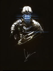 Rule 34 | 1boy, armor, black background, commentary request, dead space, facing viewer, full armor, gun, helmet, highres, holding, holding gun, holding weapon, isaac clarke, limited palette, loundraw, male focus, signature, simple background, solo, weapon