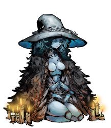 Rule 34 | 1girl, anaertailin, blue eyes, blue hair, blue skin, breasts, candle, cape, cloak, colored skin, crack, cracked skin, doll joints, elden ring, extra arms, extra faces, fur cape, fur cloak, hat, highres, jewelry, joints, long hair, looking at viewer, open clothes, own hands together, ranni the witch, ring, sitting, solo, wavy hair, witch hat