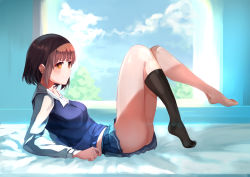 Rule 34 | 1girl, absurdres, ass, bare legs, barefoot, bed, bed sheet, black socks, blouse, blue shirt, blue skirt, blue sky, blunt bangs, blush, brown eyes, brown hair, closed mouth, day, dotr, feet, from side, full body, highres, indoors, katou megumi, kneehighs, legs up, long sleeves, looking afar, lying, miniskirt, no shoes, on back, on bed, pleated skirt, room, saenai heroine no sodatekata, sailor collar, shirt, single kneehigh, single sock, skirt, sky, smile, socks, solo, tareme, toes, window
