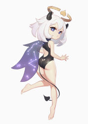 Rule 34 | 1girl, alternate costume, ass, barefoot, blue eyes, demon horns, demon tail, feet, frills, full body, genshin impact, half-closed eyes, highres, horns, looking at viewer, looking back, ouer moyu, paimon (genshin impact), scarf, short hair, simple background, solo, tail, toes, white background, white hair