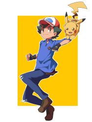 Rule 34 | 1boy, 32890 (artist), alternate color, ash ketchum, baseball cap, black hair, blue shirt, brown eyes, brown footwear, buttons, clenched hands, closed mouth, collared shirt, commentary, cosplay, creatures (company), fingerless gloves, game freak, gen 1 pokemon, gloves, hat, highres, male focus, nintendo, outline, pants, pikachu, plaid, pokemon, pokemon (anime), pokemon on arm, pokemon swsh, shirt, shoes, short hair, smile, torn clothes, torn pants, victor (pokemon), victor (pokemon) (cosplay)