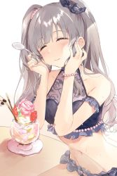 Rule 34 | 1girl, bare shoulders, black bow, black nails, bow, bracelet, breasts, bvucki36gzoeq1c, closed eyes, closed mouth, collarbone, disembodied limb, facing viewer, grey hair, hair bow, highres, holding, holding spoon, idolmaster, idolmaster shiny colors, jewelry, medium breasts, nail polish, navel, sitting, sketch, solo, spoon, twintails, yukoku kiriko
