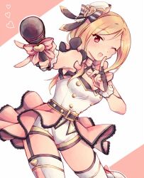 Rule 34 | 1girl, ;d, bare shoulders, belt, black belt, black gloves, black ribbon, blonde hair, blush, breasts, cleavage, cleavage cutout, clothing cutout, cowboy shot, dot nose, fingerless gloves, garter straps, gloves, gold trim, hat, hat ribbon, heart, holding, holding microphone, idolmaster, idolmaster million live!, idolmaster million live! theater days, index finger raised, long hair, looking at viewer, medium breasts, microphone, mini hat, momose rio, one eye closed, open mouth, overskirt, pink nails, pink ribbon, pink skirt, reaching, reaching towards viewer, red eyes, ribbon, shirt, shorts, shorts under skirt, skirt, sleeveless, sleeveless shirt, smile, solo, standing, striped ribbon, thighhighs, top! clover (idolmaster), two-tone background, v, wato (ko), white shirt, white shorts, white thighhighs
