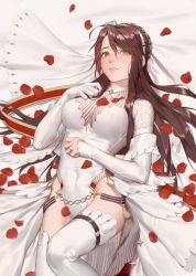 Rule 34 | 1girl, ahoge, alternate costume, blush, braid, breasts, bridal gauntlets, bridal veil, brown hair, cleavage, covered erect nipples, covered navel, dress, elbow gloves, floating hair, french braid, girls&#039; frontline, gloves, green eyes, groin, hair between eyes, hair ornament, half-closed eyes, hand on own chest, jewelry, large breasts, lee-enfield (girls&#039; frontline), leotard, long hair, looking at viewer, lying, on back, parted lips, petals, ring, rj (lingshih10), sidelocks, simple background, solo, sparkle, strap, tassel, thighhighs, thighs, twitter username, veil, wedding band, wedding dress, white gloves, white leotard, white thighhighs