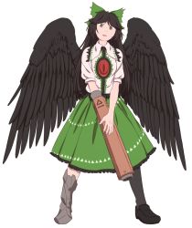 Rule 34 | 1girl, arm cannon, asymmetrical legwear, bird wings, black hair, black wings, bow, brown eyes, cape, full body, green skirt, hair bow, highres, long hair, looking at viewer, mefomefo, open mouth, reiuji utsuho, short sleeves, single thighhigh, skirt, solo, standing, thighhighs, touhou, uneven legwear, weapon, wings