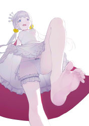 Rule 34 | 1girl, absurdres, barefoot, blue eyes, blush, character request, crown, feet, foot focus, from below, highres, long hair, looking down, luelue zi, mini crown, panties, silver hair, soles, solo, toes, underwear, white background