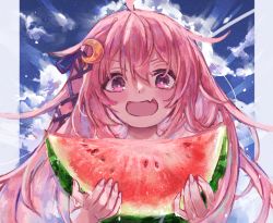 Rule 34 | 1girl, ahoge, blush, crescent, crescent hair ornament, fang, fingernails, food, fruit, hair between eyes, hair ornament, highres, holding, holding food, holding fruit, kantai collection, long hair, open mouth, pink eyes, pink hair, skin fang, smile, solo, upper body, uzuki (kancolle), watermelon, womisoba