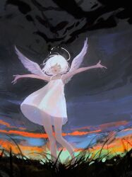Rule 34 | 1girl, angel, angel wings, bird, closed eyes, cropped, crow, dress, grass, halo, hidari (nanmu-left), highres, no legwear, open mouth, original, outstretched arms, short hair, sleeveless, sleeveless dress, solo, spaghetti strap, sunrise, white dress, white hair, wings