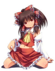 Rule 34 | 1girl, arm support, bad id, bad pixiv id, bow, brown hair, clothes lift, detached sleeves, female focus, hair bow, hakurei reimu, head tilt, japanese clothes, kneeling, large bow, miko, naughty face, navel, red eyes, seductive smile, short hair, sitting, skirt, skirt lift, smile, smirk, solo, spread legs, teasing, touhou, umekichi