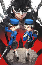 Rule 34 | 10s, 2girls, adjusting clothes, adjusting headwear, amamiya ren, arm up, armband, artist name, black eyes, black gloves, black hair, black necktie, black shorts, blue shirt, braid, caroline (persona 5), chain, clipboard, closed mouth, collared shirt, expressionless, eyepatch, floating rock, full body, gloves, grin, hair bun, hand on headwear, hat, highres, holding, jehyun, justine (persona 5), kneehighs, long hair, long sleeves, looking at viewer, mask, multiple girls, necktie, one eye covered, parted lips, persona, persona 5, pointer, shirt, shorts, siblings, silver hair, simple background, single braid, single hair bun, sisters, smile, socks, standing, thighhighs, twins, upper body, white background, white thighhighs, wing collar, yellow eyes, zettai ryouiki