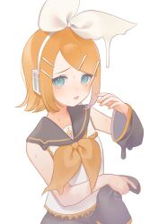 Rule 34 | 1girl, aqua eyes, bare shoulders, belt, belt buckle, blonde hair, bow, brown belt, buckle, detached sleeves, unworn sleeves, flat chest, grey sailor collar, grey shorts, grey sleeves, hair bow, hair ornament, hairclip, headphones, headset, highres, holding sleeve, hot, kagamine rin, looking at viewer, melting, neckerchief, sailor collar, shirt, short hair, shorts, sideways glance, single detached sleeve, sleeveless, sleeveless shirt, solo, suiri (suiri 02), sweat, sweatdrop, tongue, tongue out, treble clef, upper body, vocaloid, white bow, yellow nails, yellow neckerchief