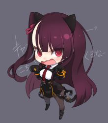 Rule 34 | 1girl, animal ears, black background, black gloves, black pantyhose, blush, boots, cat ears, chibi, collared shirt, d:, d:&lt;, full body, girls&#039; frontline, glaring, gloves, hands up, knee boots, looking at viewer, necktie, one side up, open mouth, pantyhose, paw pose, purple hair, ran system, red eyes, red necktie, shirt, simple background, solo, suspenders, tsundere, v-shaped eyebrows, wa2000 (girls&#039; frontline), white shirt