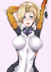 Rule 34 | 1girl, arm behind head, armor, arms up, blonde hair, blue eyes, bodysuit, breastplate, breasts, breasts apart, covered navel, gggg, halo, hand on own arm, headgear, highres, large breasts, looking at viewer, mechanical halo, mercy (overwatch), no wings, open mouth, overwatch, overwatch 1, purple background, short hair, simple background, solo, turtleneck, upper body, wide hips