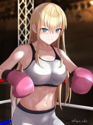 Rule 34 | 1girl, absurdres, bismarck (kancolle), blonde hair, blue eyes, blush, boxing gloves, breasts, dangan kurabu, gloves, highres, kantai collection, large breasts, long hair, looking to the side, open mouth, pink gloves, short shorts, shorts, solo, sports bra, twitter username, white sports bra