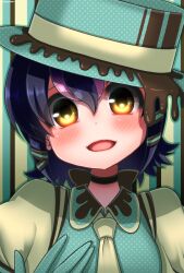 Rule 34 | 1girl, black hair, chocolate, chocolate on clothes, choker, gloves, hair ornament, hat, highres, hikarikmy, humboldt penguin (kemono friends), kemono friends, kemono friends v project, looking at viewer, necktie, open mouth, penguin girl, purple hair, shirt, simple background, solo, virtual youtuber, yellow eyes