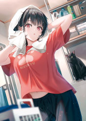 Rule 34 | 1girl, :o, animal, arms up, bathroom, black cat, black hair, black pants, blurry, blurry foreground, bottle, breasts, can, cat, drying, drying hair, highres, hyuuga azuri, indoors, large breasts, looking at viewer, medium hair, navel, open mouth, original, pants, red eyes, red shirt, shirt, short sleeves, wet, wet hair