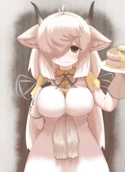 Rule 34 | 1girl, :3, absurdres, animal ears, blush, breasts, closed mouth, food, gloves, grey eyes, hair over one eye, hand on own chest, highres, holding, holding plate, horns, karekusa meronu, kemono friends, large breasts, long hair, looking at viewer, pancake, plate, smile, solo, white hair, yak (kemono friends)