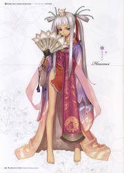 Rule 34 | 1girl, barefoot, character sheet, chinese clothes, concept art, hand fan, highres, houmei, long hair, looking at viewer, purple eyes, shining (series), shining wind, simple background, smile, solo, standing, tony taka, twintails, wide sleeves