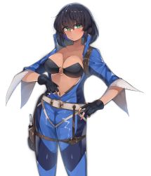 Rule 34 | 1girl, absurdres, bikini, bikini top only, black gloves, black hair, blue jumpsuit, blush, bob cut, breasts, cleavage, closed mouth, commentary, cowboy shot, dark-skinned female, dark skin, fingerless gloves, frown, girls und panzer, gloves, green eyes, highres, holster, hoshino (girls und panzer), jumpsuit, kshimu, large breasts, long sleeves, looking at viewer, navel, o-ring, open jumpsuit, short hair, simple background, solo, standing, swimsuit, thigh holster, white background
