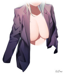 Rule 34 | 1girl, arknights, breasts, cleavage, close-up, closed mouth, cropped torso, dutou, head out of frame, highres, horns, jacket, large breasts, long hair, no bra, open clothes, open shirt, saria (arknights), silver hair, solo, suit jacket
