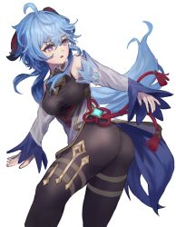 Rule 34 | 1girl, absurdres, ahoge, artist request, ass, bare shoulders, blue hair, bodysuit, breasts, detached sleeves, frown, ganyu (genshin impact), genshin impact, highres, horns, long hair, open mouth, pantyhose, pelvic curtain, purple eyes, shiny clothes, solo, thighs, very long hair, waist cape, white background