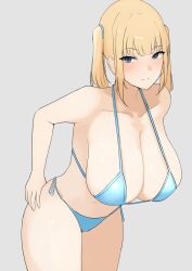 Rule 34 | 1girl, bikini, blonde hair, blue bikini, blue eyes, breasts, cleavage, grey background, hand on own hip, hands on own hips, highres, large breasts, leaning forward, original, sagging breasts, solo, swimsuit, tatsu (user rjes8545)