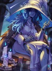 Rule 34 | 1girl, blue fire, blue skin, book, candle, candle wax, cape, cloak, colored skin, cracked skin, doll joints, dress, elden ring, extra arms, extra faces, fire, fur cape, fur cloak, hat, helixel, highres, joints, large hat, night, night sky, one eye closed, ranni the witch, robe, sitting, sky, solo, witch, witch hat