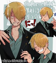 Rule 34 | 1boy, ^ ^, ani3nrtm, annoyed, blonde hair, cigarette, closed eyes, curly eyebrows, facial hair, formal, grin, hair over one eye, hand up, highres, holding, holding cigarette, holding necktie, injury, long sleeves, looking at viewer, male focus, multiple views, necktie, one piece, sanji (one piece), short hair, simple background, smile, smirk, smoking, suit