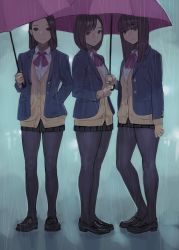 Rule 34 | 3girls, arm at side, black footwear, black skirt, blazer, blue jacket, blunt bangs, brown eyes, brown hair, closed mouth, collared shirt, expressionless, forehead, full body, gloves, hand in pocket, highres, holding, holding umbrella, jacket, loafers, long hair, long sleeves, looking at viewer, miniskirt, multiple girls, neck ribbon, open clothes, open jacket, original, pantyhose, pleated skirt, pocket, purple ribbon, rain, ribbon, school uniform, shirt, shoes, short hair, skirt, standing, umbrella, unbuttoned, water, wing collar, yellow gloves, yomu (sgt epper)