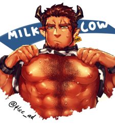Rule 34 | 1boy, abs, animal ears, artist name, bara, bare pectorals, brown hair, chest hair, chinese zodiac, clothes lift, cow boy, cow ears, cow horns, cropped torso, dark-skinned male, dark skin, facial hair, flee ad, hairy, happy new year, horns, large pectorals, lifting own clothes, looking at viewer, male focus, milk, muscular, muscular male, new year, nipples, original, pectoral focus, pectorals, shirt lift, short hair, solo, stomach, stubble, sweat, sweatdrop, year of the ox, yellow eyes