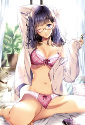 Rule 34 | 1girl, ;), absurdres, animal, arm up, bare legs, bare shoulders, barefoot, bed sheet, black hair, blue eyes, blush, bow, bow panties, bra, breasts, cat, cleavage, closed mouth, collarbone, curtains, day, glasses, hair tie, head tilt, highres, lace, lace-trimmed bra, lace trim, lips, long hair, long sleeves, looking at viewer, medium breasts, melonbooks, navel, oda suzuka, off shoulder, on bed, one eye closed, open clothes, open shirt, panties, pillow, pink bra, pink lips, pink panties, pink ribbon, plaid, plaid bra, plaid panties, plant, potted plant, red-framed eyewear, ribbon, scan, semi-rimless eyewear, shirt, sitting, sleeves past wrists, smartphone case, smile, solo, stomach, sunlight, under-rim eyewear, underwear, white shirt