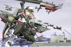 Rule 34 | 1girl, aircraft, autocannon, bf 109, black gloves, black pantyhose, blonde hair, boeing, boeing defense, space &amp; security, bv 155, cannon, capelet, ch-47 chinook, close-in weapon system, electronic firearm, flettner fl282, full body, gatling gun, giant, giantess, gloves, graf zeppelin (kancolle), grey eyes, gun, hair between eyes, harpoon missile, hat, headphones, helicopter, highres, jacket, kantai collection, looking at viewer, machinery, military, military hat, military uniform, military vehicle, miniskirt, multiple-barrel firearm, naval artillery, naval gun, necktie, pantyhose, peaked cap, phalanx ciws, rifle, rotary cannon, saizu nitou gunsou, sentry gun, sh-60 seahawk, ship, sidelocks, skirt, solo, turret, twintails, uniform, warship, water, watercraft, weapon, white hat