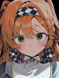 Rule 34 | 1girl, absurdres, black background, blush, braid, checkered hairband, checkered ribbon, green eyes, hair between eyes, hair ribbon, hairband, highres, long hair, looking at viewer, maratang, orange hair, parted lips, portrait, reverse:1999, ribbon, side braid, simple background, solo, sonetto (reverse:1999), two side up