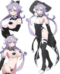 Rule 34 | 1girl, ahoge, bad id, bad twitter id, bare shoulders, blush, character sheet, collar, detached sleeves, gears, highres, inukaze yamu, long hair, looking at viewer, multiple views, original, pasties, purple hair, ryu hinohara, side slit, simple background, skindentation, thighhighs, torn clothes, very long sleeves, white background, wide sleeves, yellow eyes