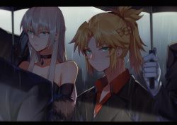 Rule 34 | 2girls, absurdres, aunt and niece, bad id, bad twitter id, bare shoulders, blonde hair, braid, breasts, cellphone, choker, elbow gloves, fate/grand order, fate (series), formal, french braid, funeral, gloves, green eyes, hair between eyes, highres, large breasts, letterboxed, looking at viewer, mordred (fate), mordred (fate/apocrypha), morgan le fay (fate), mother and daughter, multiple girls, phone, platinum blonde hair, ponytail, rain, sidelocks, smartphone, suit, umbrella, yorukun